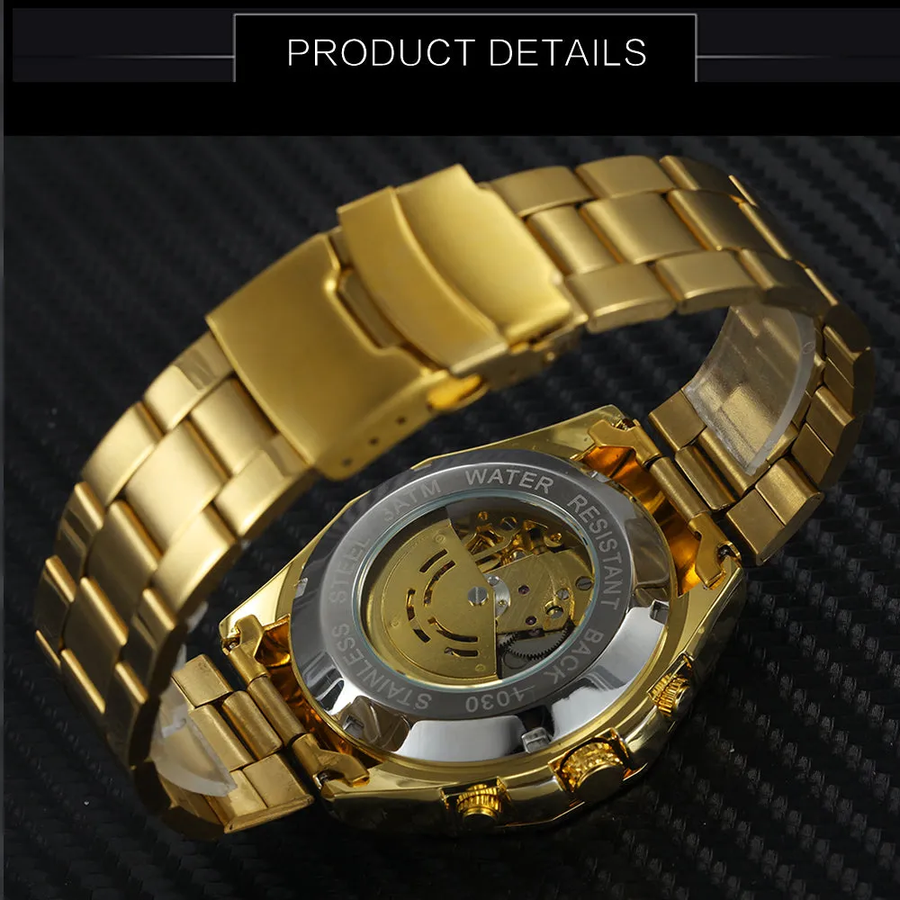 Men Golden Stainless Steel Strap Skeleton WINNER Auto Mechanical Watch Automatique Montre
