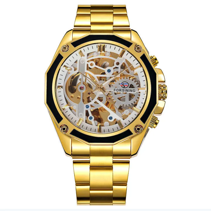 Men Golden Stainless Steel Strap Skeleton WINNER Auto Mechanical Watch Automatique Montre