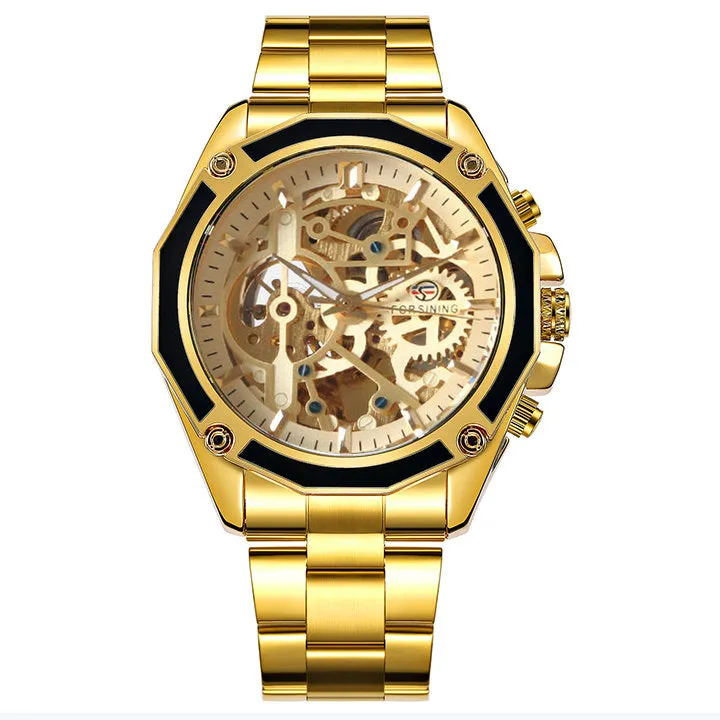Men Golden Stainless Steel Strap Skeleton WINNER Auto Mechanical Watch Automatique Montre