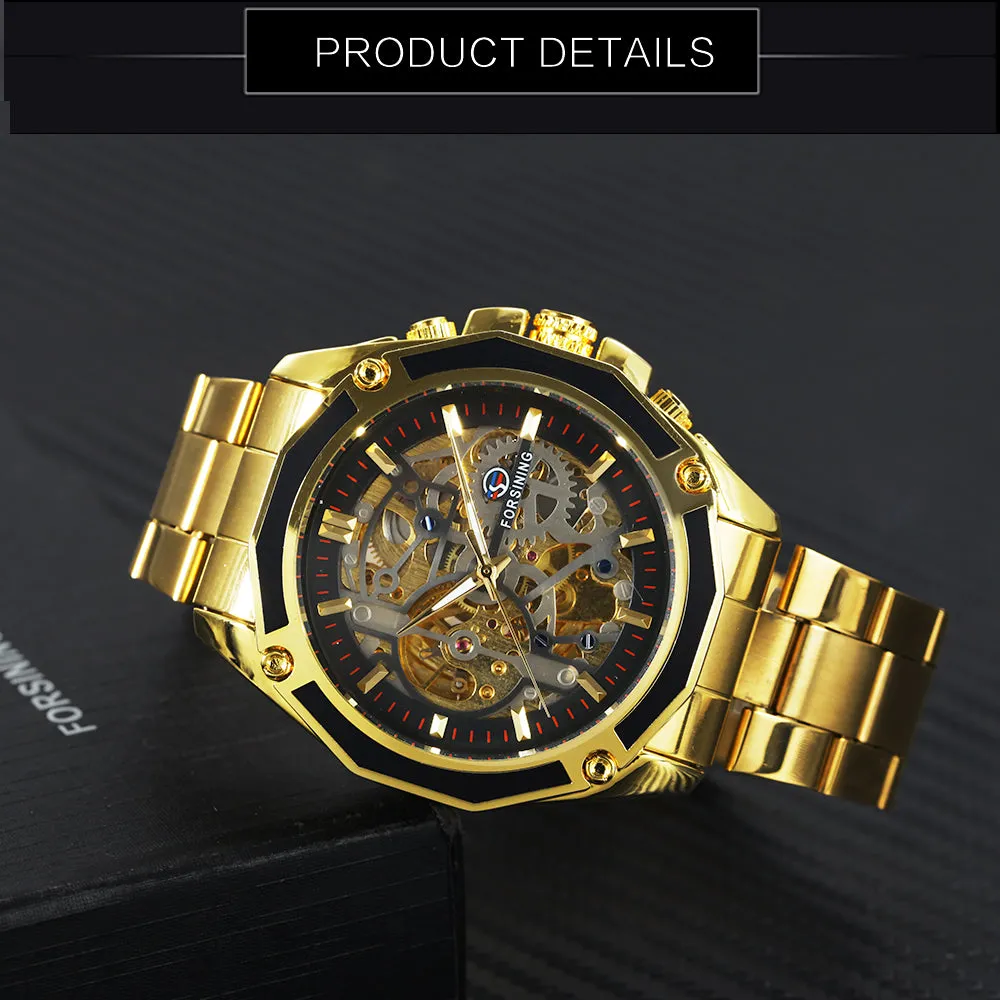 Men Golden Stainless Steel Strap Skeleton WINNER Auto Mechanical Watch Automatique Montre