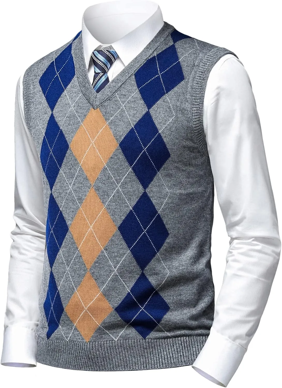Mens Argyle Sweater Vests Classic V-Neck Sleeveless Pullover Grey Black Knitwear Nice Tank Tops for Dad Husband