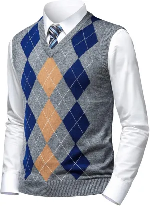 Mens Argyle Sweater Vests Classic V-Neck Sleeveless Pullover Grey Black Knitwear Nice Tank Tops for Dad Husband