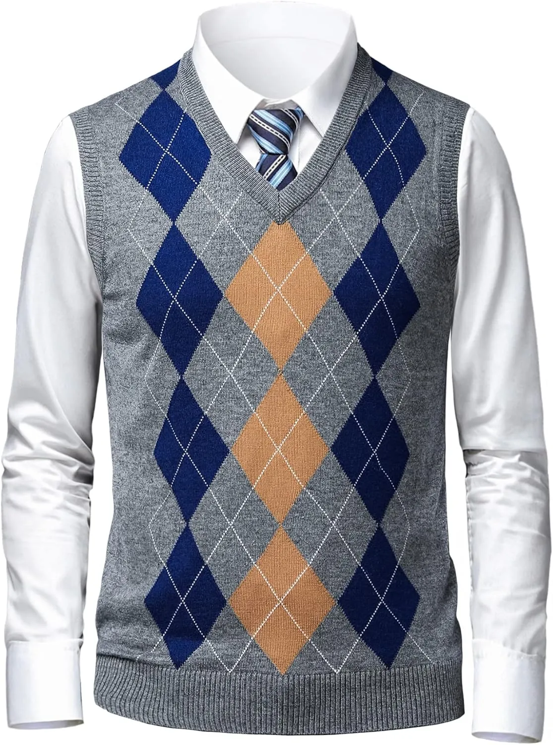 Mens Argyle Sweater Vests Classic V-Neck Sleeveless Pullover Grey Black Knitwear Nice Tank Tops for Dad Husband