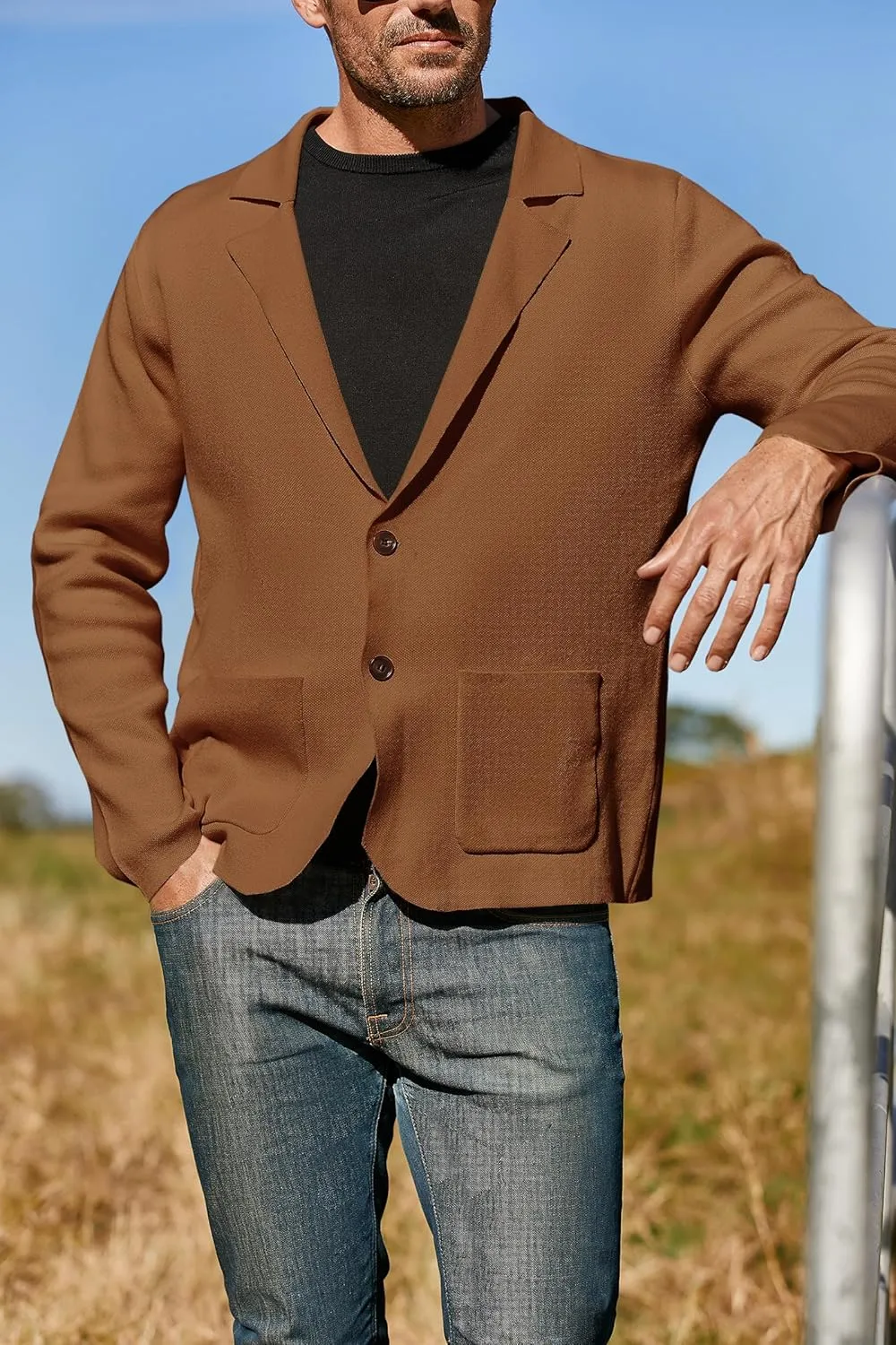Mens Cardigan Sweater Knit Blazer Suit Jacket Casual Two Button Lightweight Sport Coat with Pockets