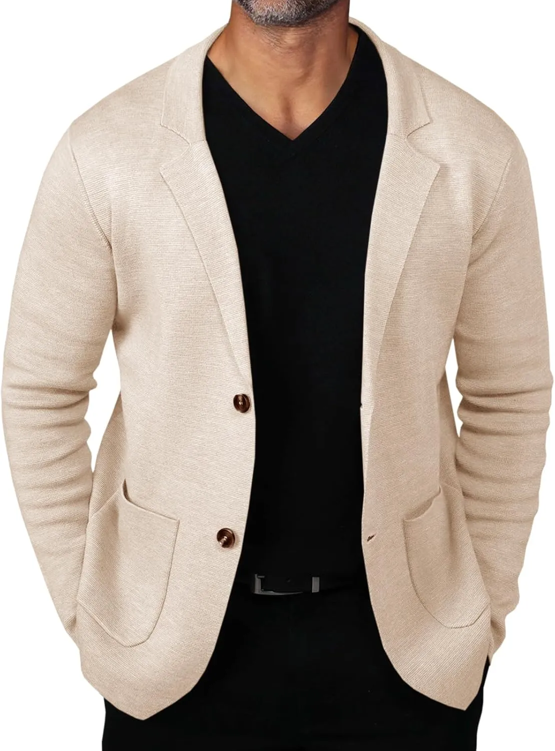 Mens Cardigan Sweater Knit Blazer Suit Jacket Casual Two Button Lightweight Sport Coat with Pockets