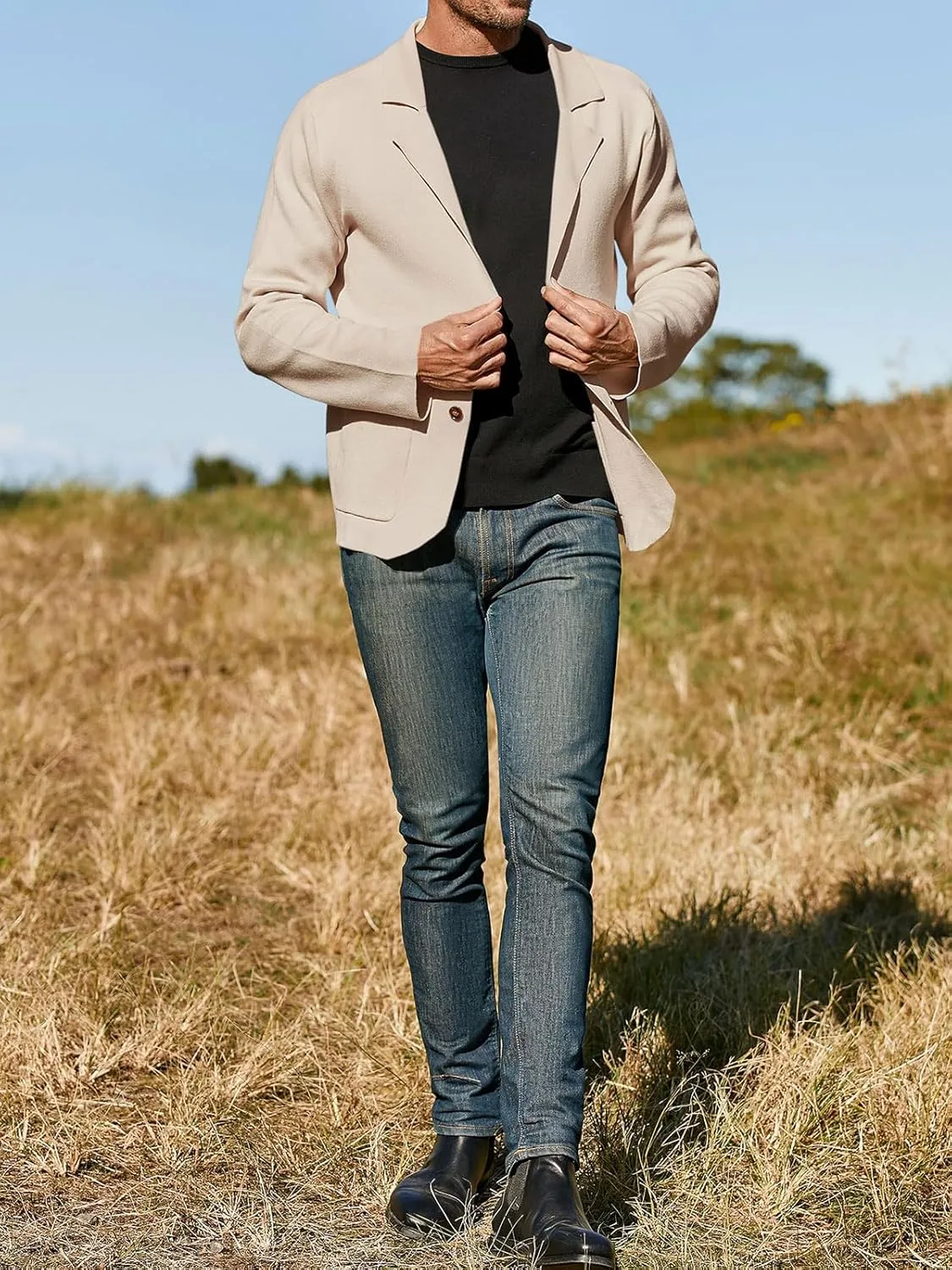 Mens Cardigan Sweater Knit Blazer Suit Jacket Casual Two Button Lightweight Sport Coat with Pockets