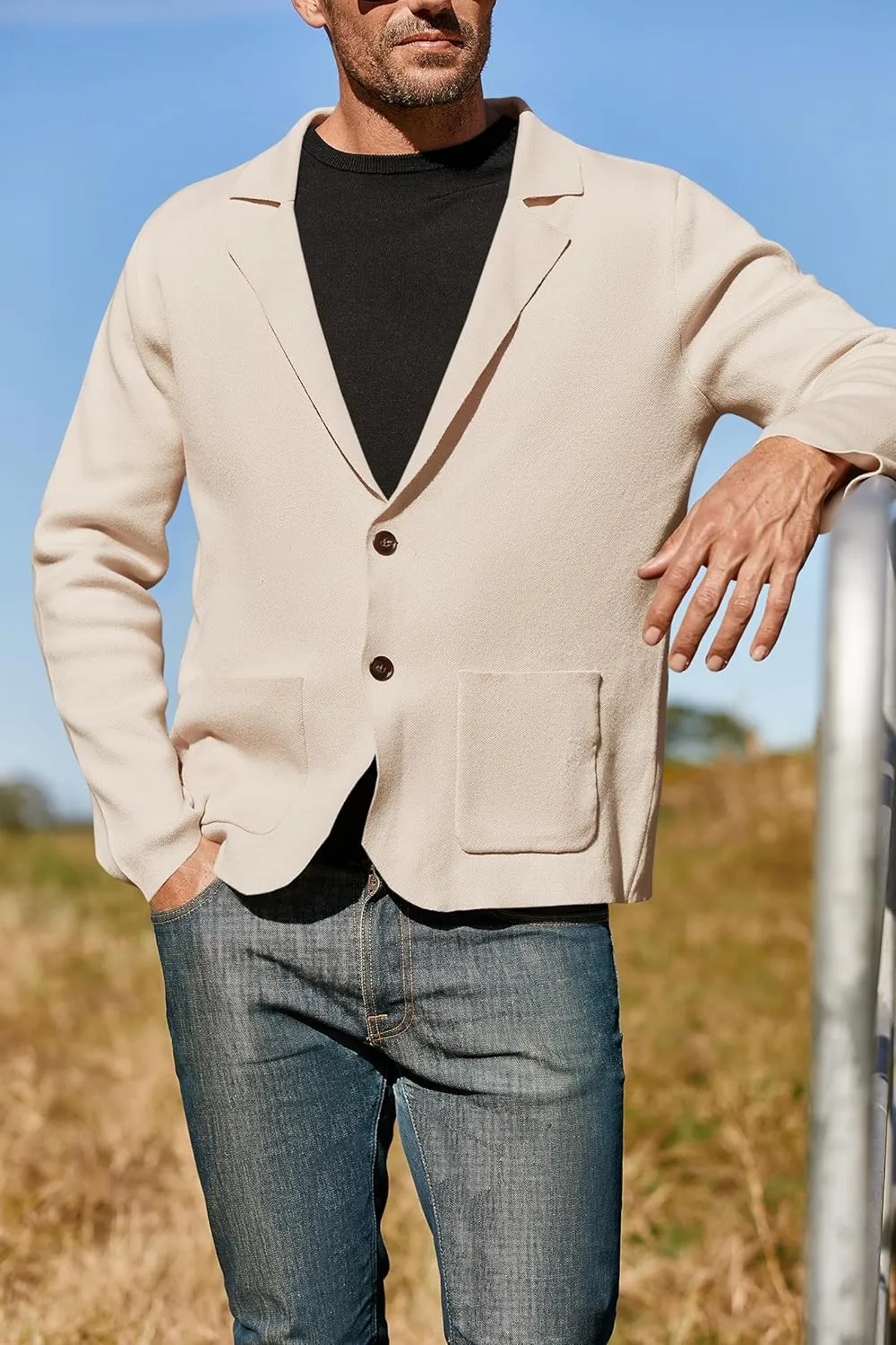 Mens Cardigan Sweater Knit Blazer Suit Jacket Casual Two Button Lightweight Sport Coat with Pockets