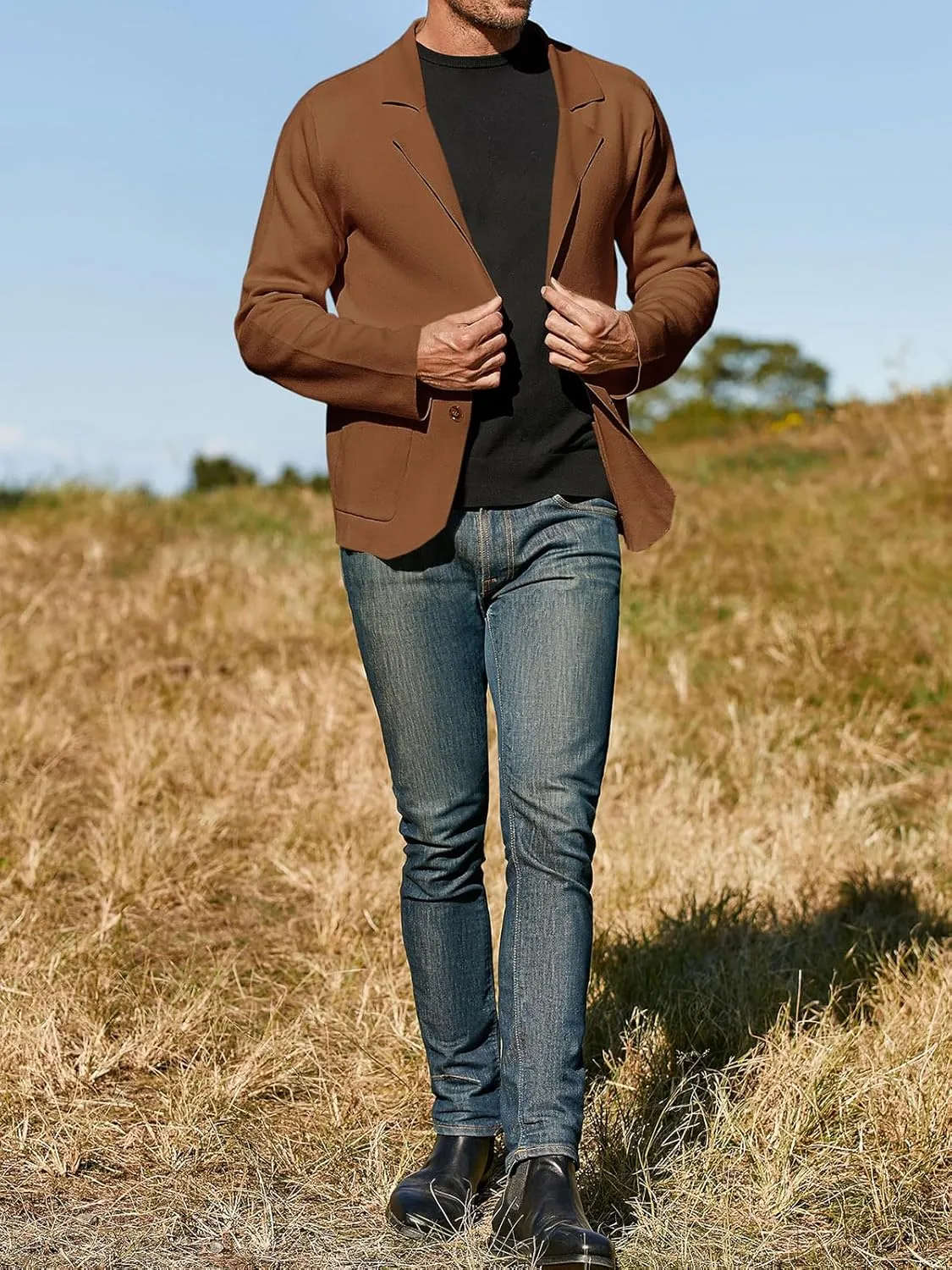 Mens Cardigan Sweater Knit Blazer Suit Jacket Casual Two Button Lightweight Sport Coat with Pockets