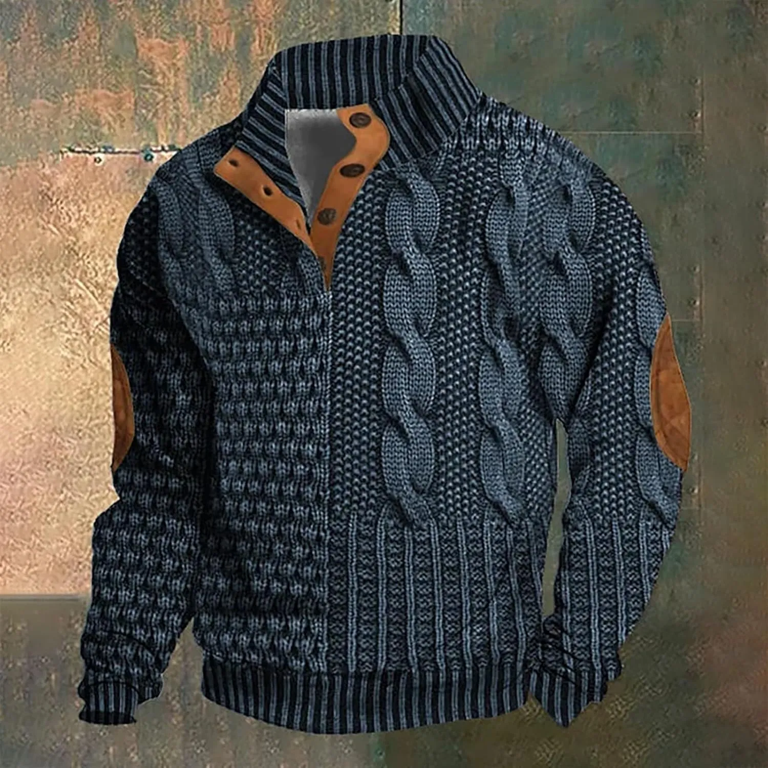 Men's Casual Half Button Sweatshirt Retro Stand Collar Pullovers Long Sleeve Outdoor Loose Fashion Sweater Print Tops