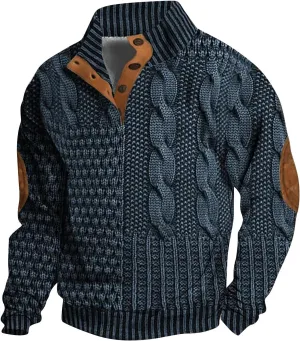 Men's Casual Half Button Sweatshirt Retro Stand Collar Pullovers Long Sleeve Outdoor Loose Fashion Sweater Print Tops