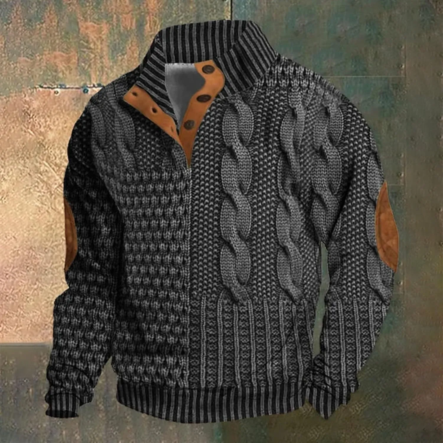 Men's Casual Half Button Sweatshirt Retro Stand Collar Pullovers Long Sleeve Outdoor Loose Fashion Sweater Print Tops
