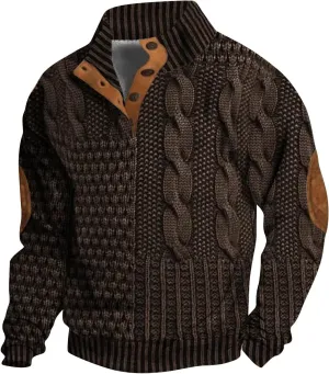 Men's Casual Half Button Sweatshirt Retro Stand Collar Pullovers Long Sleeve Outdoor Loose Fashion Sweater Print Tops