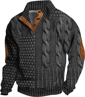 Men's Casual Half Button Sweatshirt Retro Stand Collar Pullovers Long Sleeve Outdoor Loose Fashion Sweater Print Tops