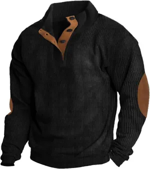 Mens Corduroy Pullover Sweatshirt Long Sleeve Button Up Polo Shirt Casual Fashion Plain Outdoor Fall Thermal Sweaters
