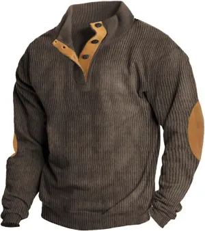 Mens Corduroy Pullover Sweatshirt Long Sleeve Button Up Polo Shirt Casual Fashion Plain Outdoor Fall Thermal Sweaters
