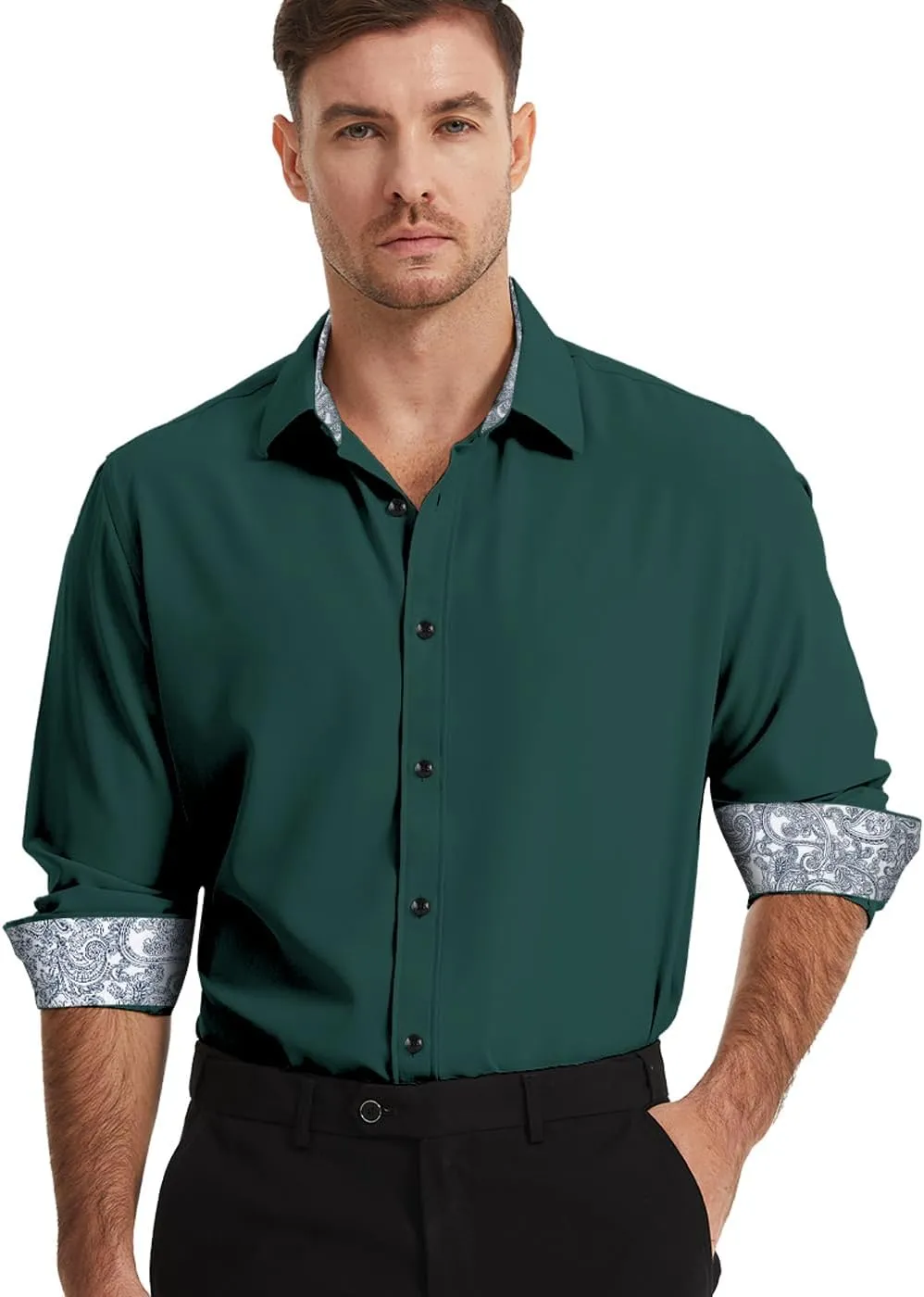 Men's Dress Shirts Long Sleeve Wrinkle-Free Button Down Shirt Men Inner Contrast Stretch Formal Shirts