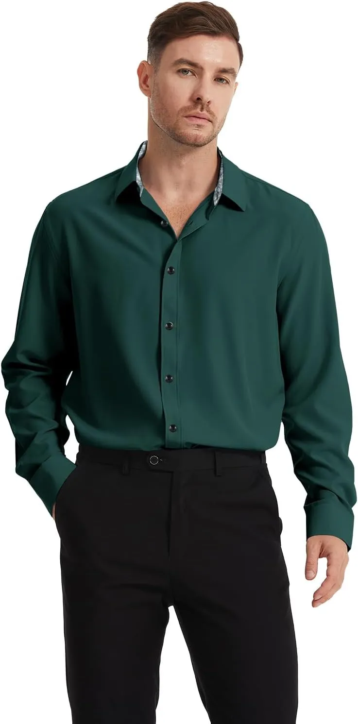 Men's Dress Shirts Long Sleeve Wrinkle-Free Button Down Shirt Men Inner Contrast Stretch Formal Shirts