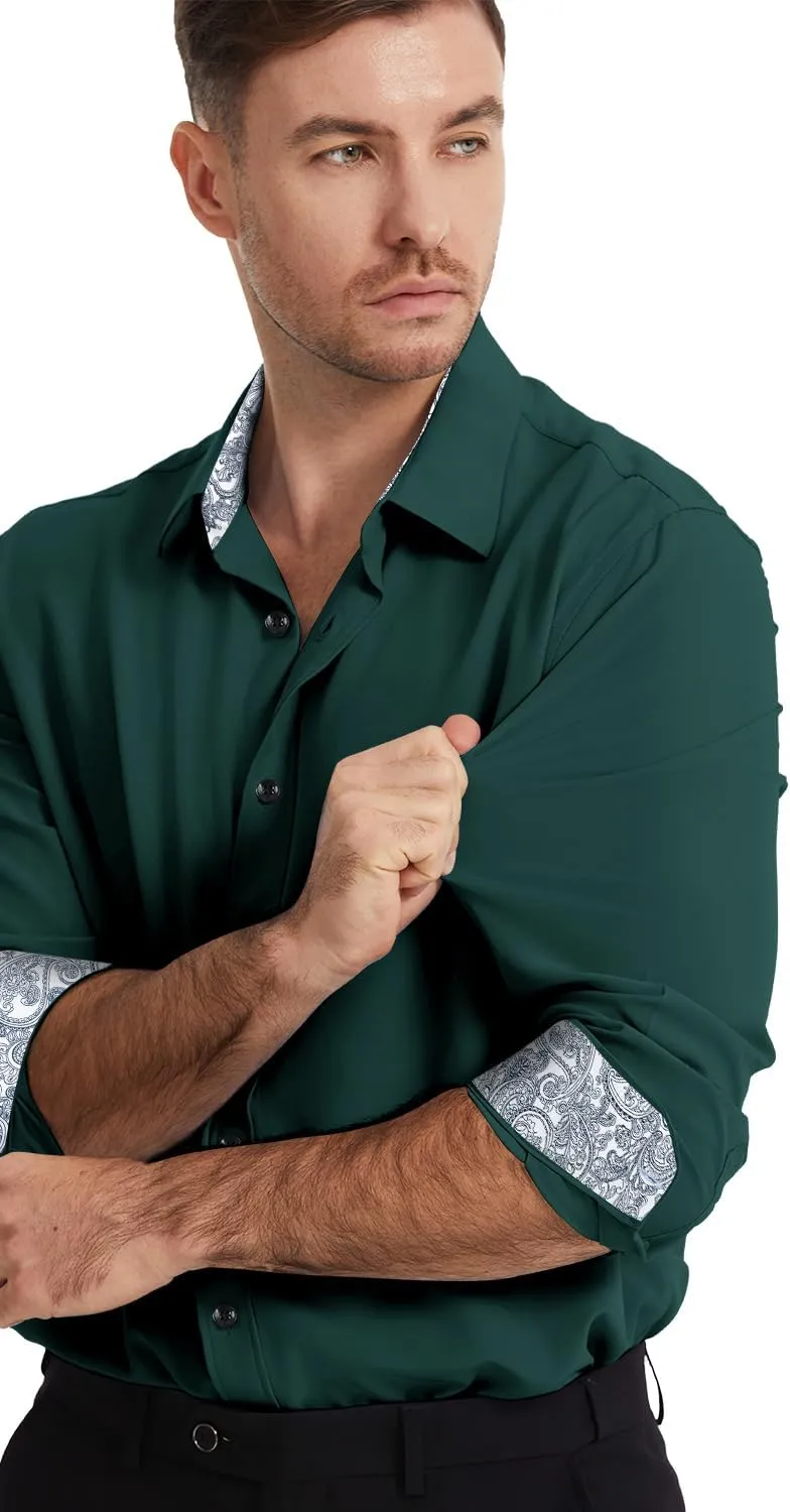 Men's Dress Shirts Long Sleeve Wrinkle-Free Button Down Shirt Men Inner Contrast Stretch Formal Shirts