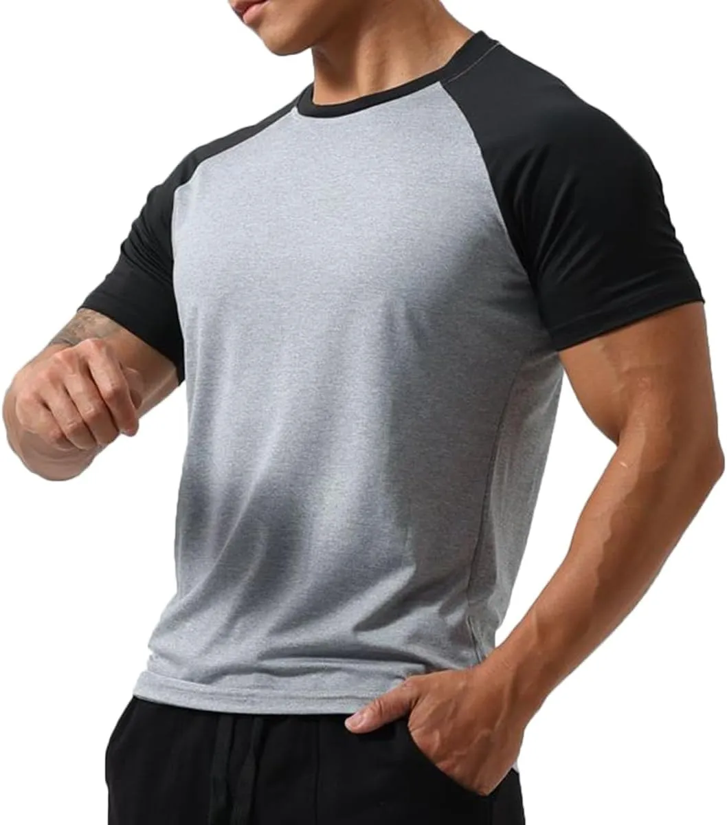 Mens Gym Muscle Short Sleeve Sweat Workout Shirts Quick Dry Stretchy Athletic T-Shirts for Men T77