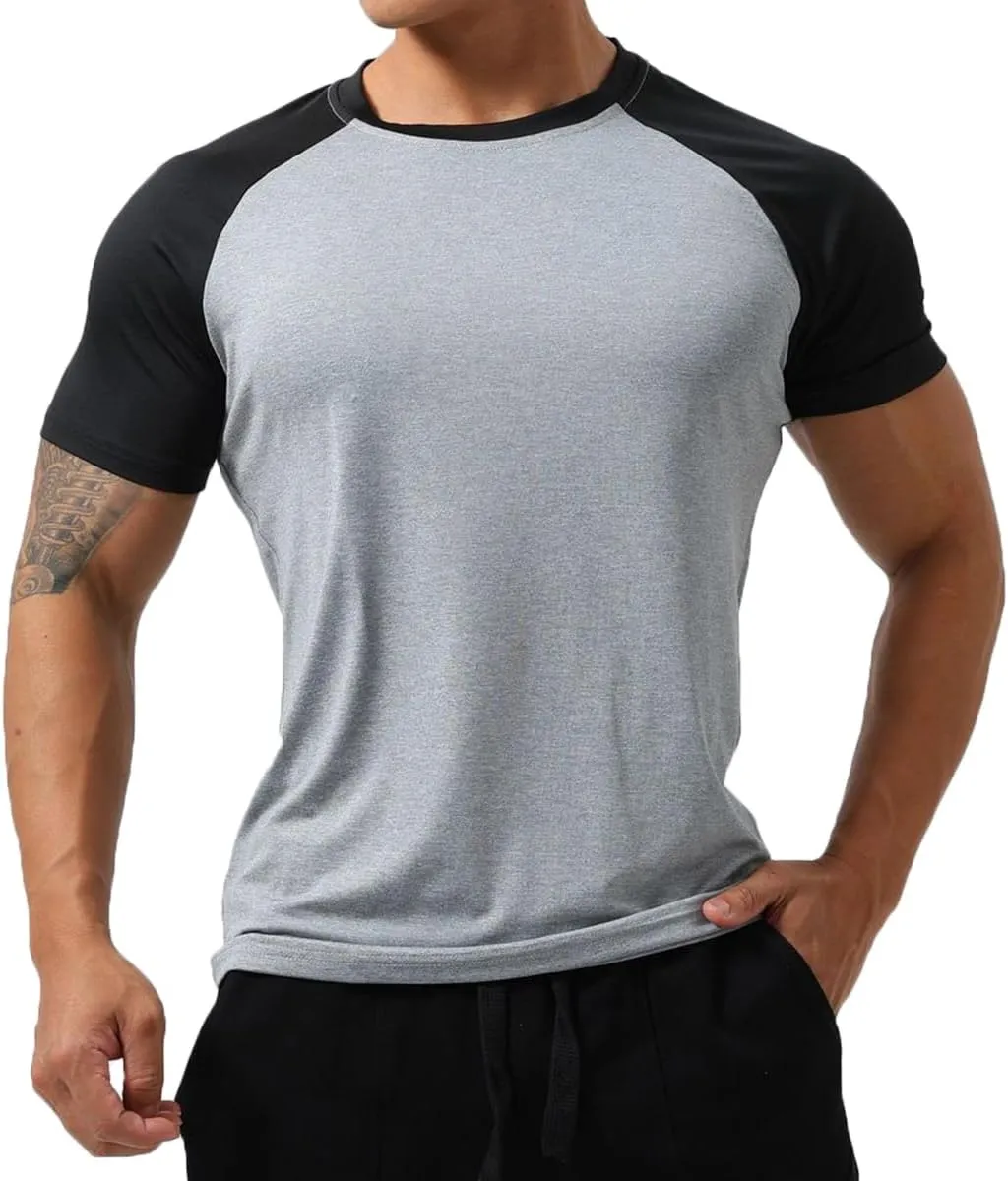 Mens Gym Muscle Short Sleeve Sweat Workout Shirts Quick Dry Stretchy Athletic T-Shirts for Men T77