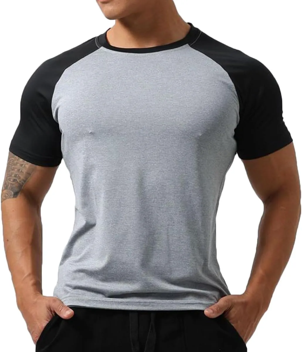 Mens Gym Muscle Short Sleeve Sweat Workout Shirts Quick Dry Stretchy Athletic T-Shirts for Men T77