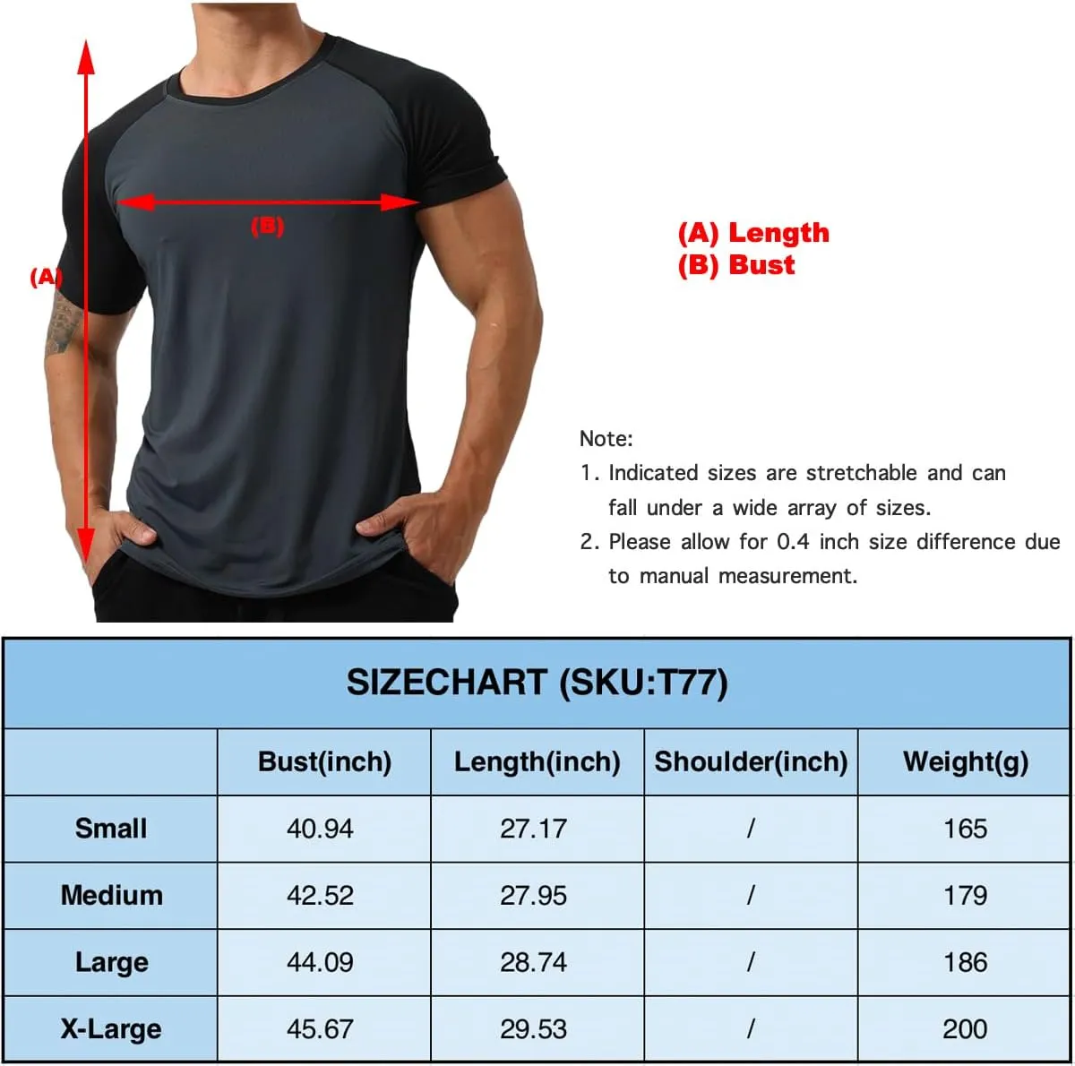 Mens Gym Muscle Short Sleeve Sweat Workout Shirts Quick Dry Stretchy Athletic T-Shirts for Men T77