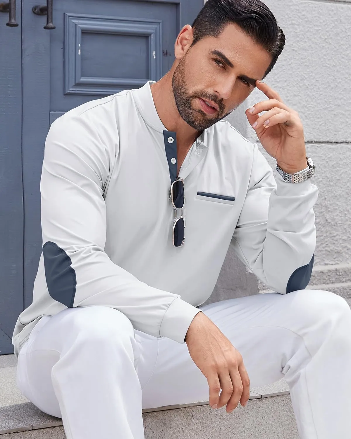 Men's Henley Golf Shirts Long Sleeve Collarless Golf Shirt Casual Moisture Wicking Quick Dry Shirts with Pocket