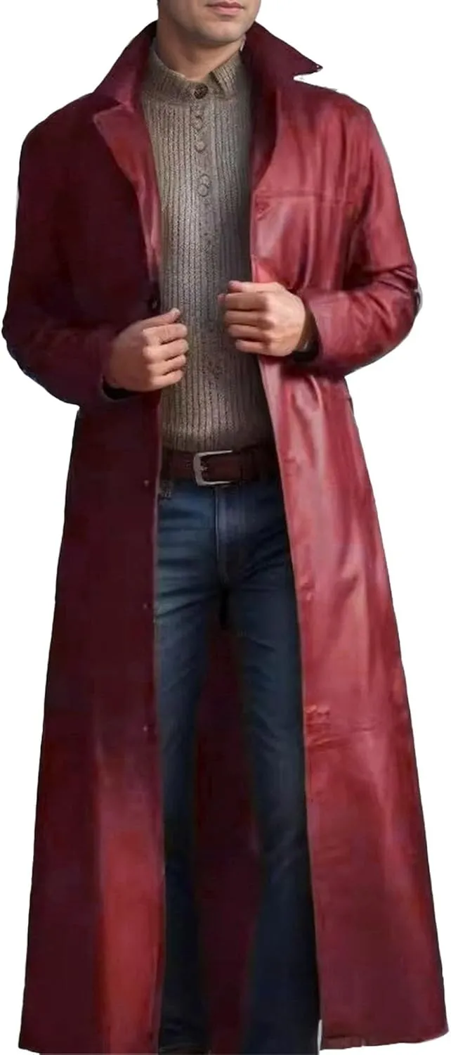 Men's Leather Long Trench Coat Faux Leather Vintage Full Length Overcoat Fashion Open Front Cardigan Jackets