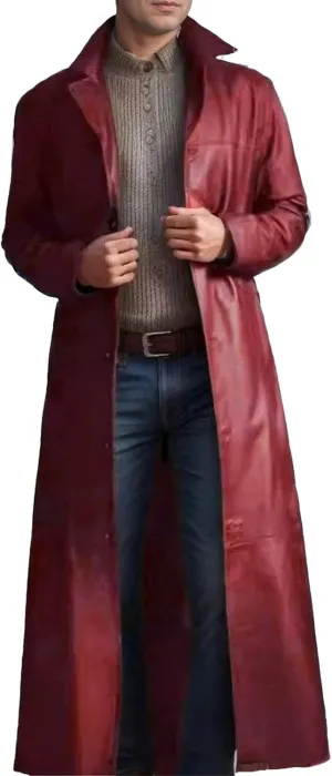 Men's Leather Long Trench Coat Faux Leather Vintage Full Length Overcoat Fashion Open Front Cardigan Jackets