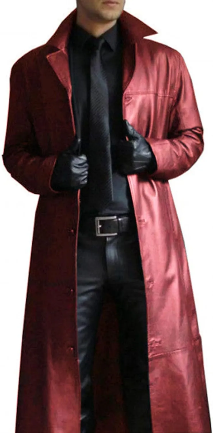 Men's Leather Long Trench Coat Faux Leather Vintage Full Length Overcoat Fashion Open Front Cardigan Jackets
