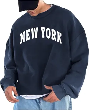 Men's Letter Graphic Print Pullover Crewneck New York Sweatshirt Casual Long Sleeve Tops Oversized Streetwear