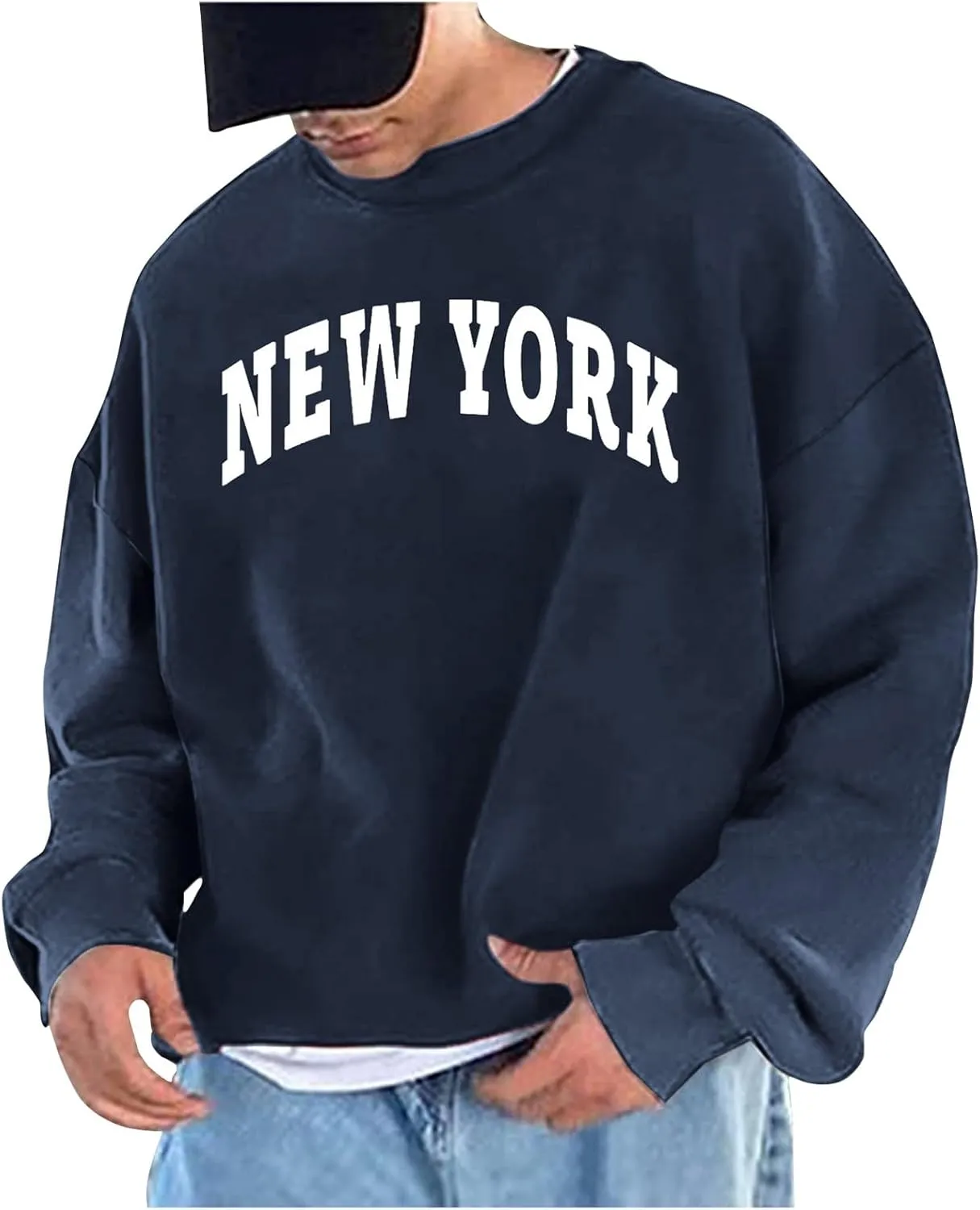 Men's Letter Graphic Print Pullover Crewneck New York Sweatshirt Casual Long Sleeve Tops Oversized Streetwear