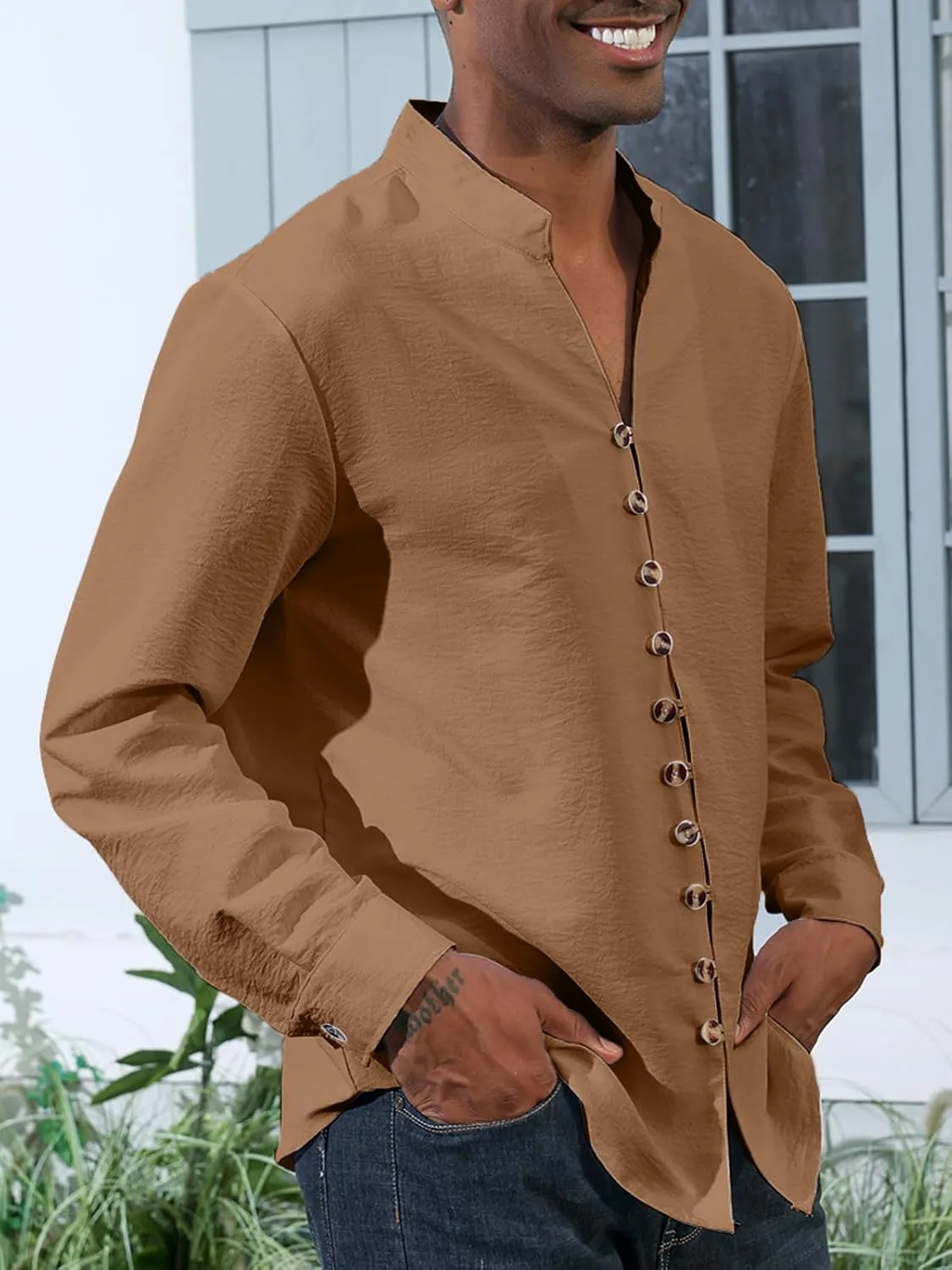 Mens Linen Shirt Short Sleeve Button Down Collar T Shirt Blouses Casual Solid Color Summer Vacation Beach Shirts