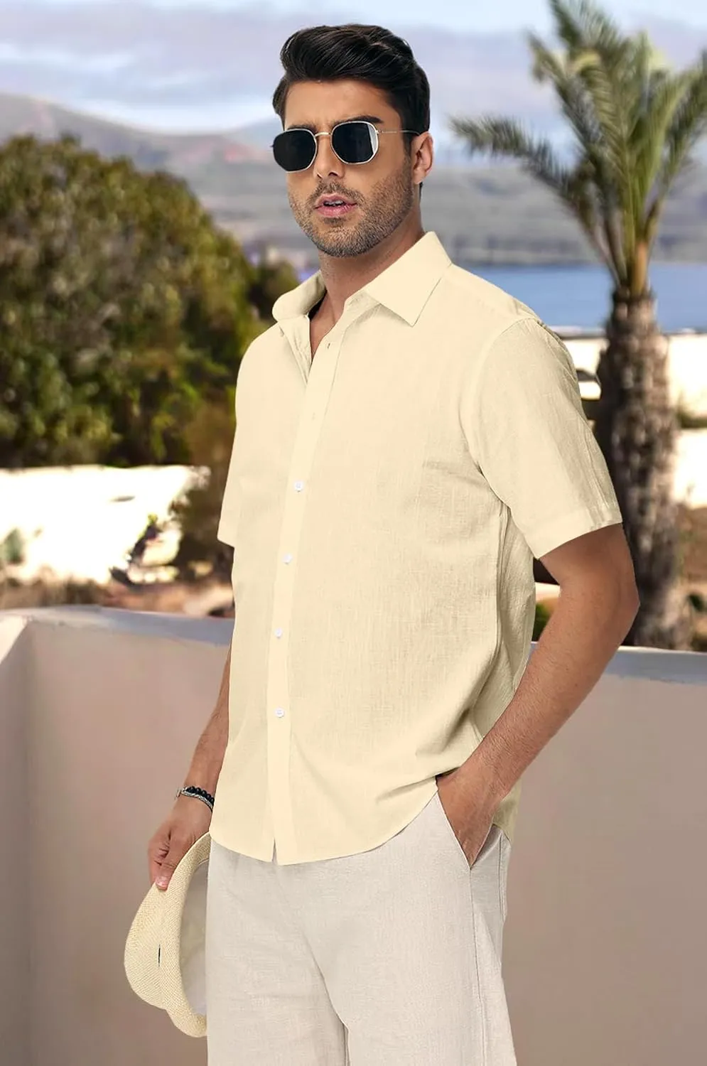 Mens Linen Shirts Short Sleeve Button Down Regular Fit Shirts Casual Vacation Beach Summer Hawaiian Tops