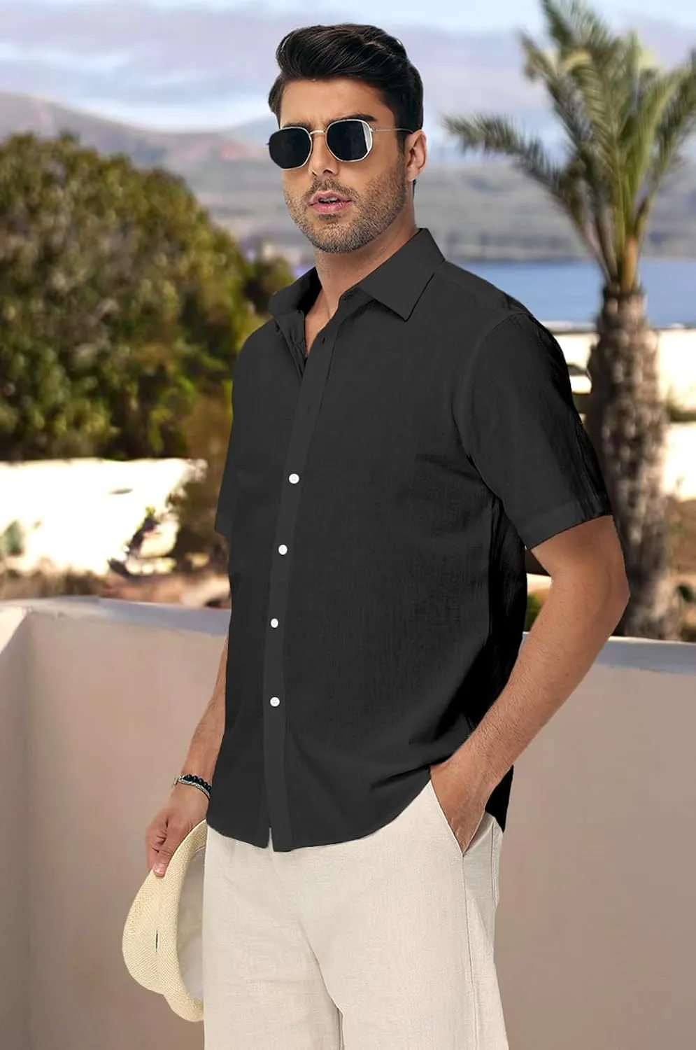 Mens Linen Shirts Short Sleeve Button Down Regular Fit Shirts Casual Vacation Beach Summer Hawaiian Tops