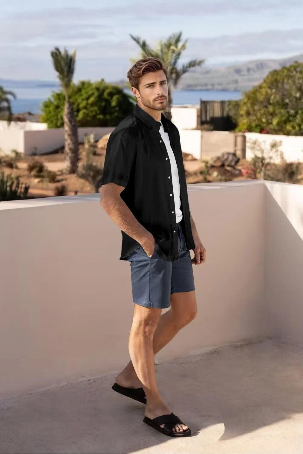Mens Linen Shirts Short Sleeve Button Down Regular Fit Shirts Casual Vacation Beach Summer Hawaiian Tops