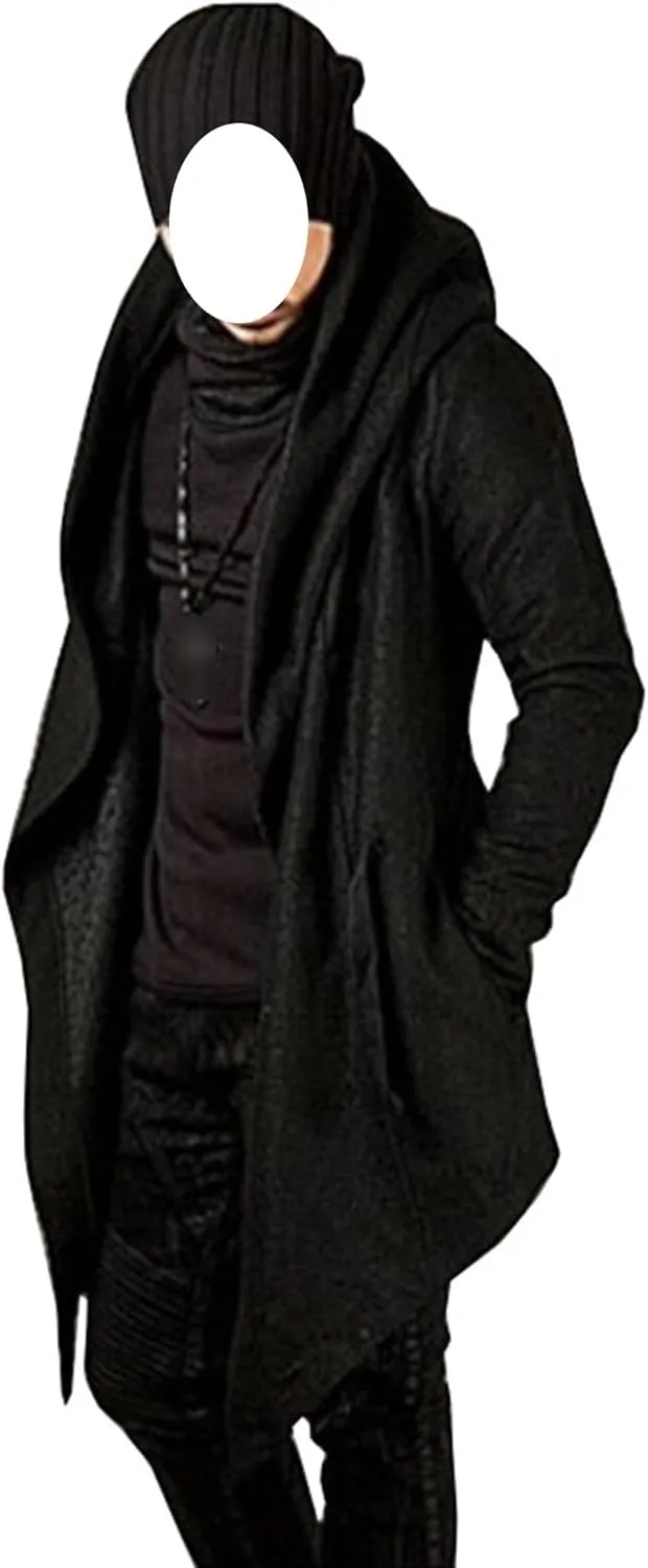 Men's Long Hooded Cardigan Ruffle Asymmetric Hem Open Front Cardigans Shawl Collar Gothic Cloak with Drape