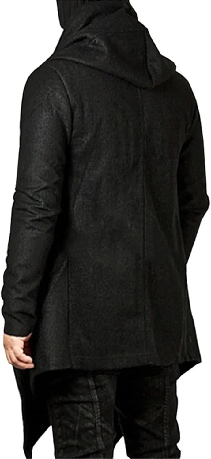 Men's Long Hooded Cardigan Ruffle Asymmetric Hem Open Front Cardigans Shawl Collar Gothic Cloak with Drape