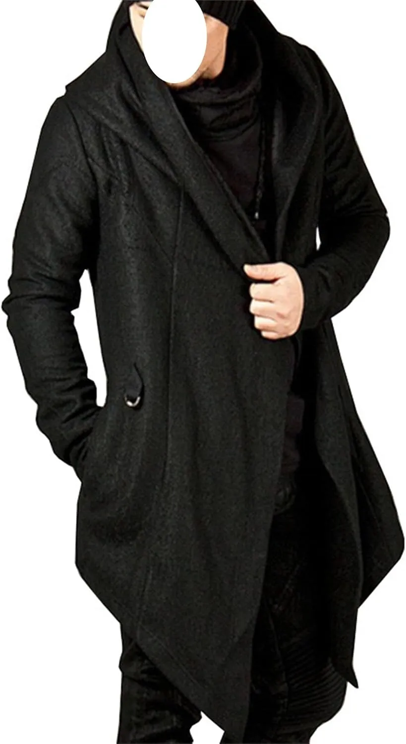 Men's Long Hooded Cardigan Ruffle Asymmetric Hem Open Front Cardigans Shawl Collar Gothic Cloak with Drape