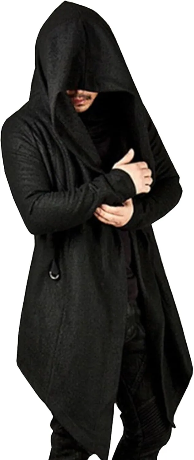 Men's Long Hooded Cardigan Ruffle Asymmetric Hem Open Front Cardigans Shawl Collar Gothic Cloak with Drape