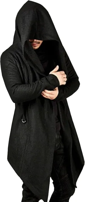 Men's Long Hooded Cardigan Ruffle Asymmetric Hem Open Front Cardigans Shawl Collar Gothic Cloak with Drape