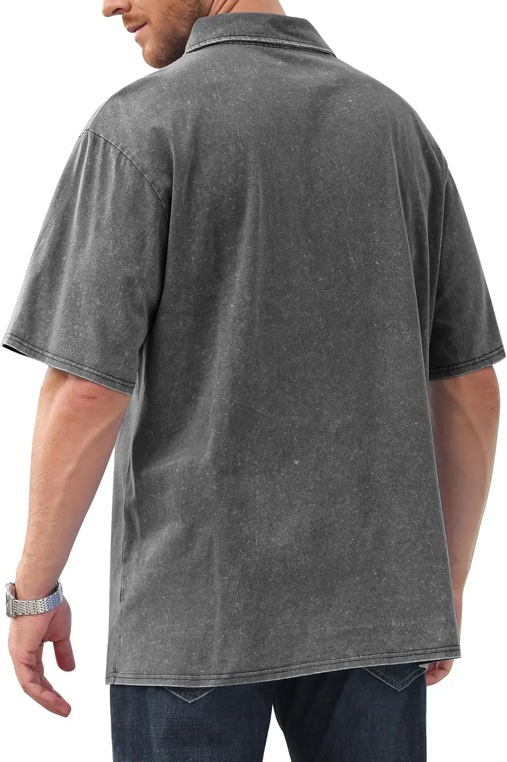 Men's Polo Shirts Short Sleeve Distressed Washed Cotton T-Shirts Button Casual Summer Solid Tee Tops