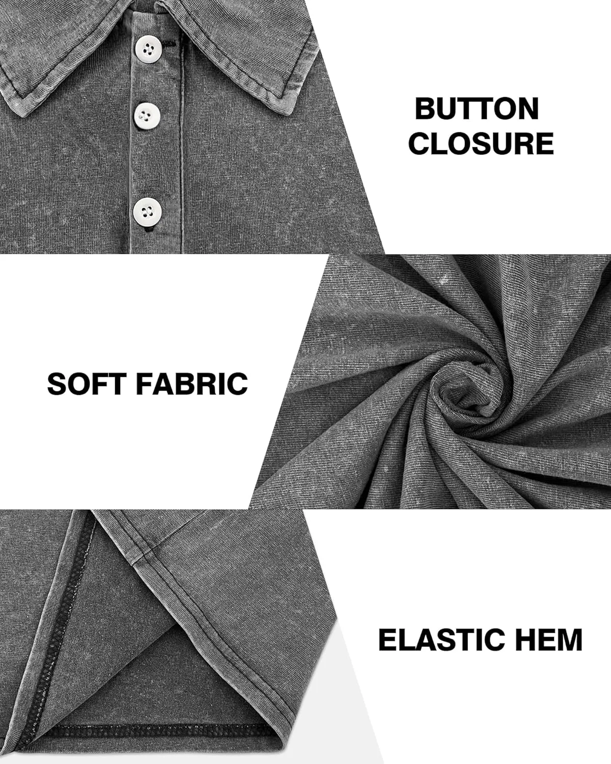 Men's Polo Shirts Short Sleeve Distressed Washed Cotton T-Shirts Button Casual Summer Solid Tee Tops