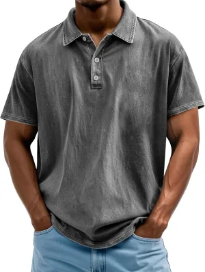 Men's Polo Shirts Short Sleeve Distressed Washed Cotton T-Shirts Button Casual Summer Solid Tee Tops
