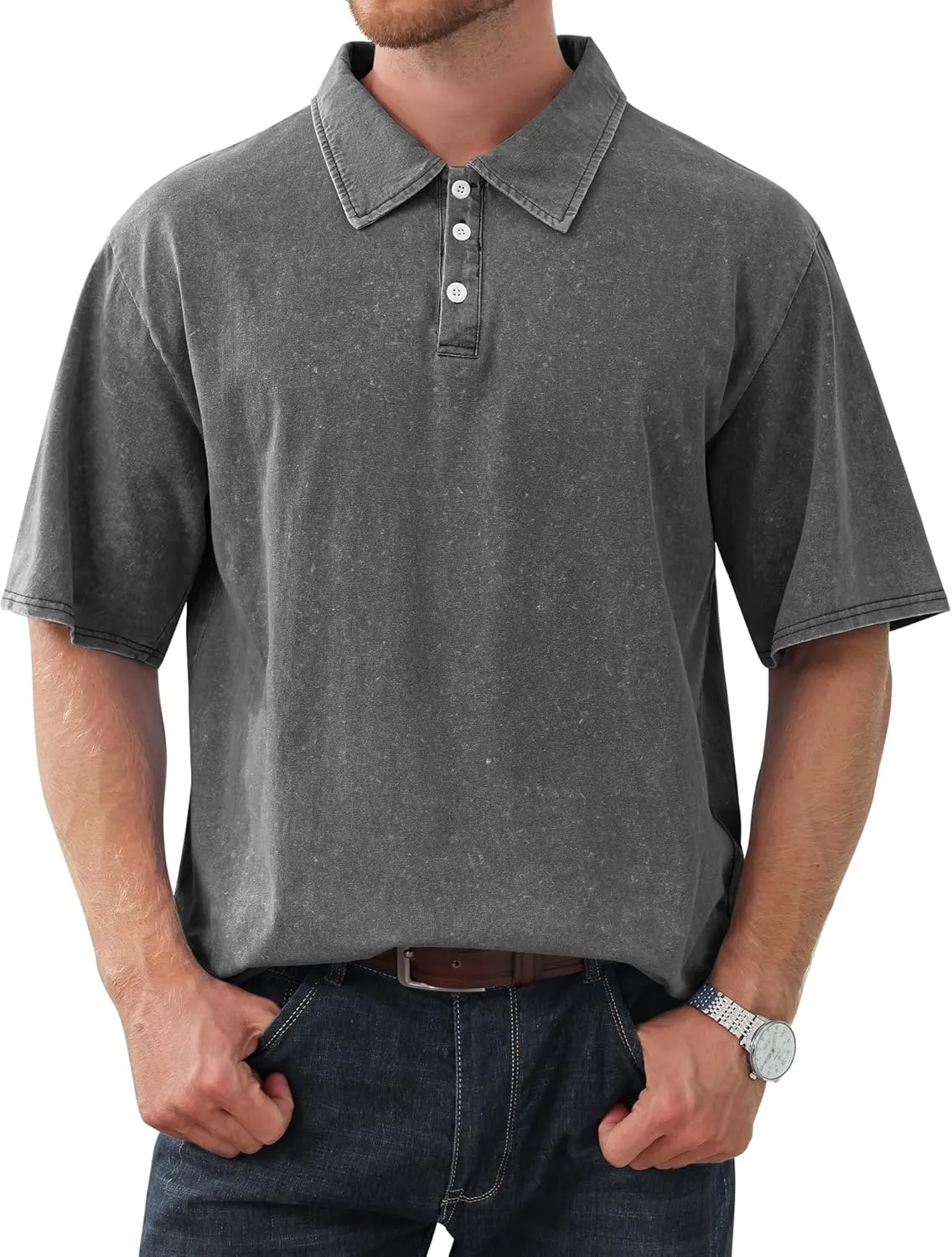 Men's Polo Shirts Short Sleeve Distressed Washed Cotton T-Shirts Button Casual Summer Solid Tee Tops
