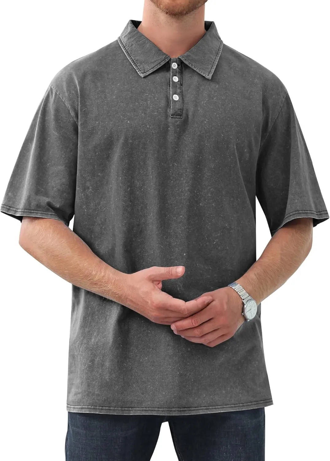 Men's Polo Shirts Short Sleeve Distressed Washed Cotton T-Shirts Button Casual Summer Solid Tee Tops