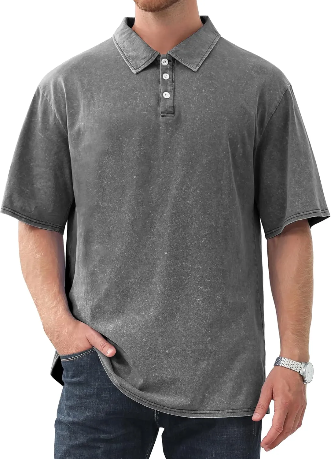 Men's Polo Shirts Short Sleeve Distressed Washed Cotton T-Shirts Button Casual Summer Solid Tee Tops