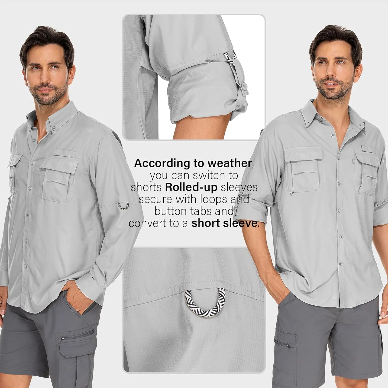 Mens Safari Shirts Long Sleeve UV Protection Hiking Fishing UPF 50  Quick Dry Camping Travel Shirts
