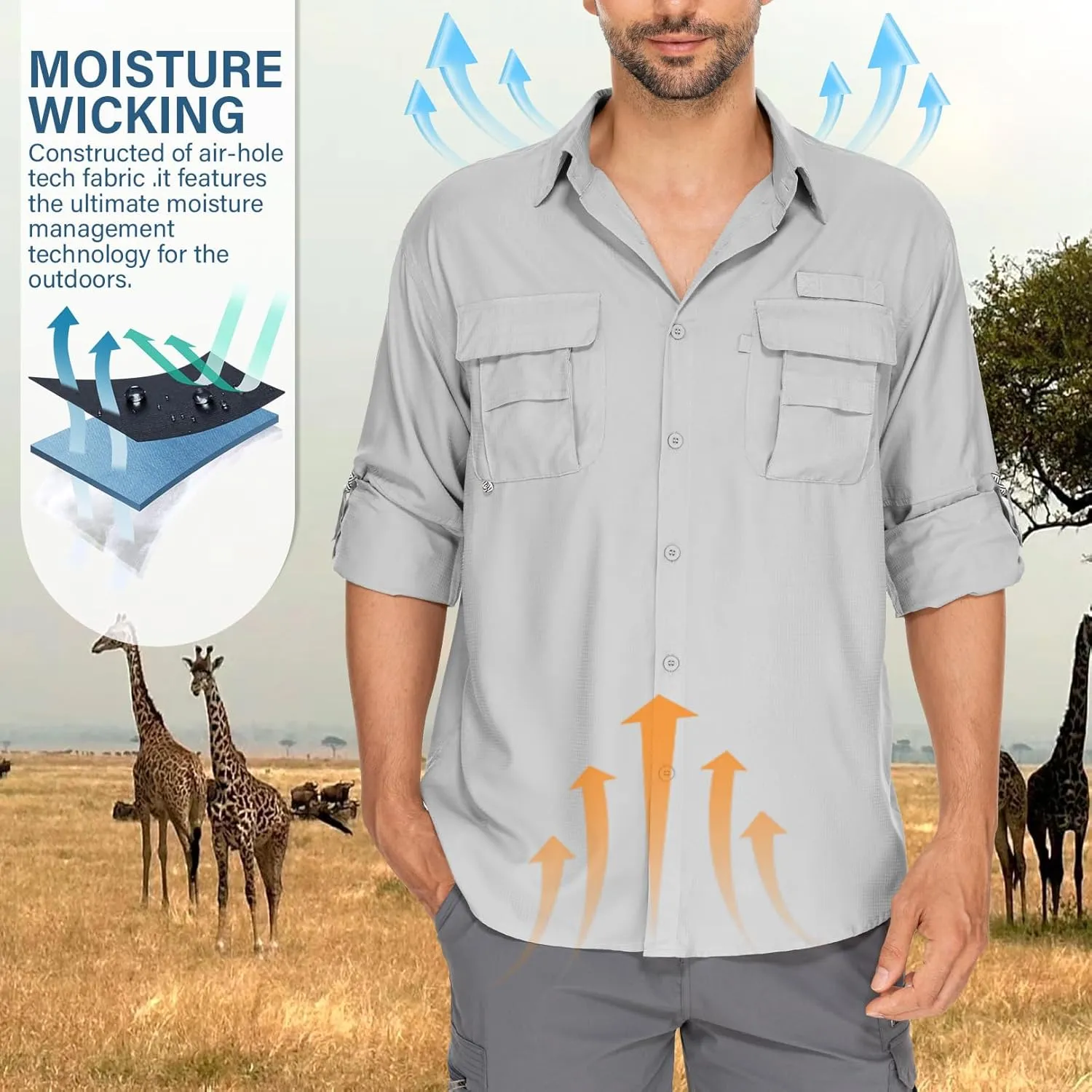 Mens Safari Shirts Long Sleeve UV Protection Hiking Fishing UPF 50  Quick Dry Camping Travel Shirts