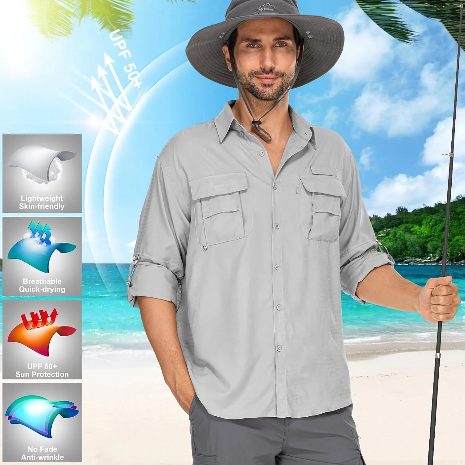 Mens Safari Shirts Long Sleeve UV Protection Hiking Fishing UPF 50  Quick Dry Camping Travel Shirts